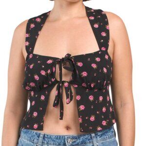 Le Lis Front Tie Wide Strap Crop Top Black Floral Various Sizes
